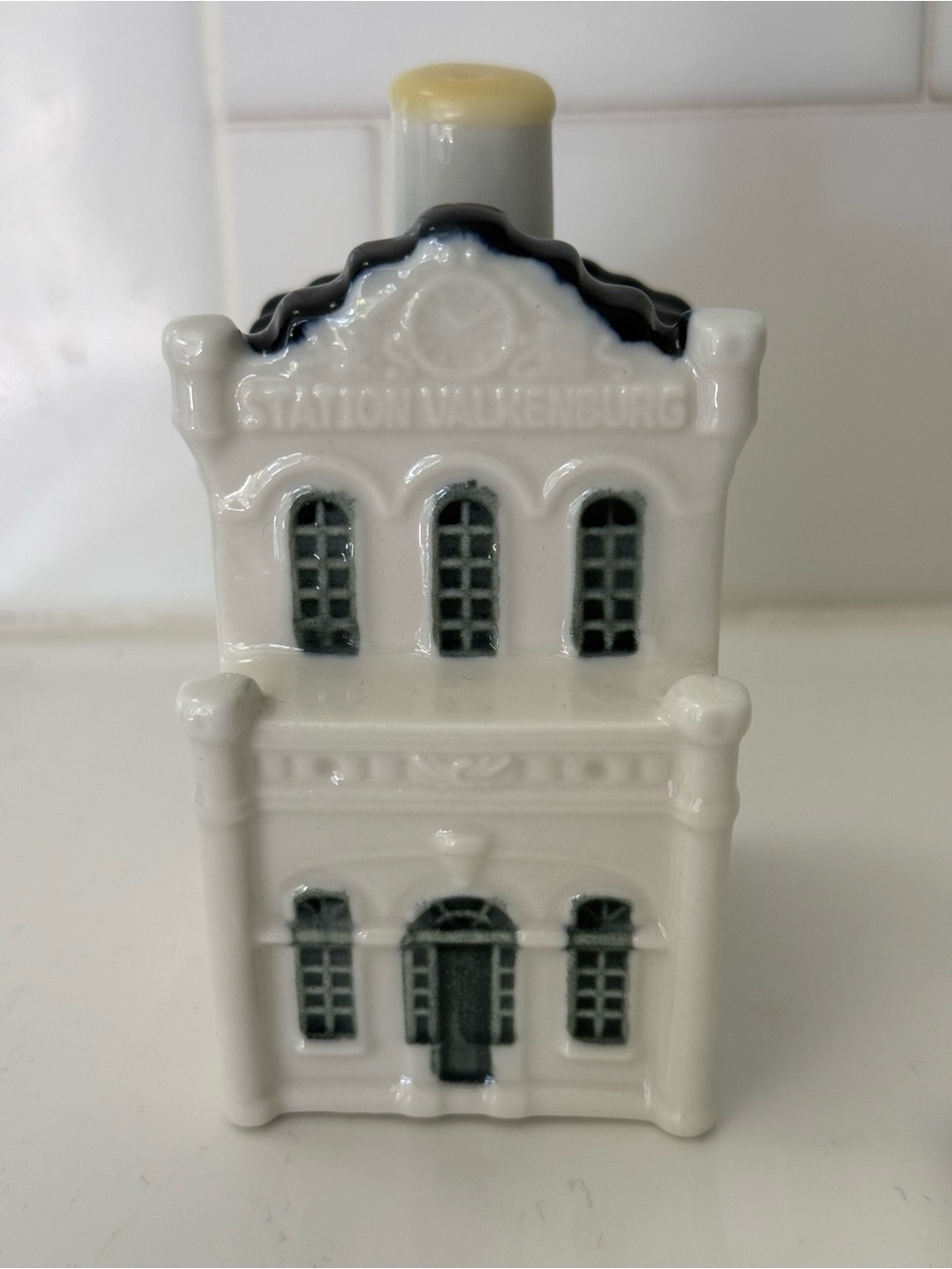 Porcelain Miniature Building Accent in White and Gray